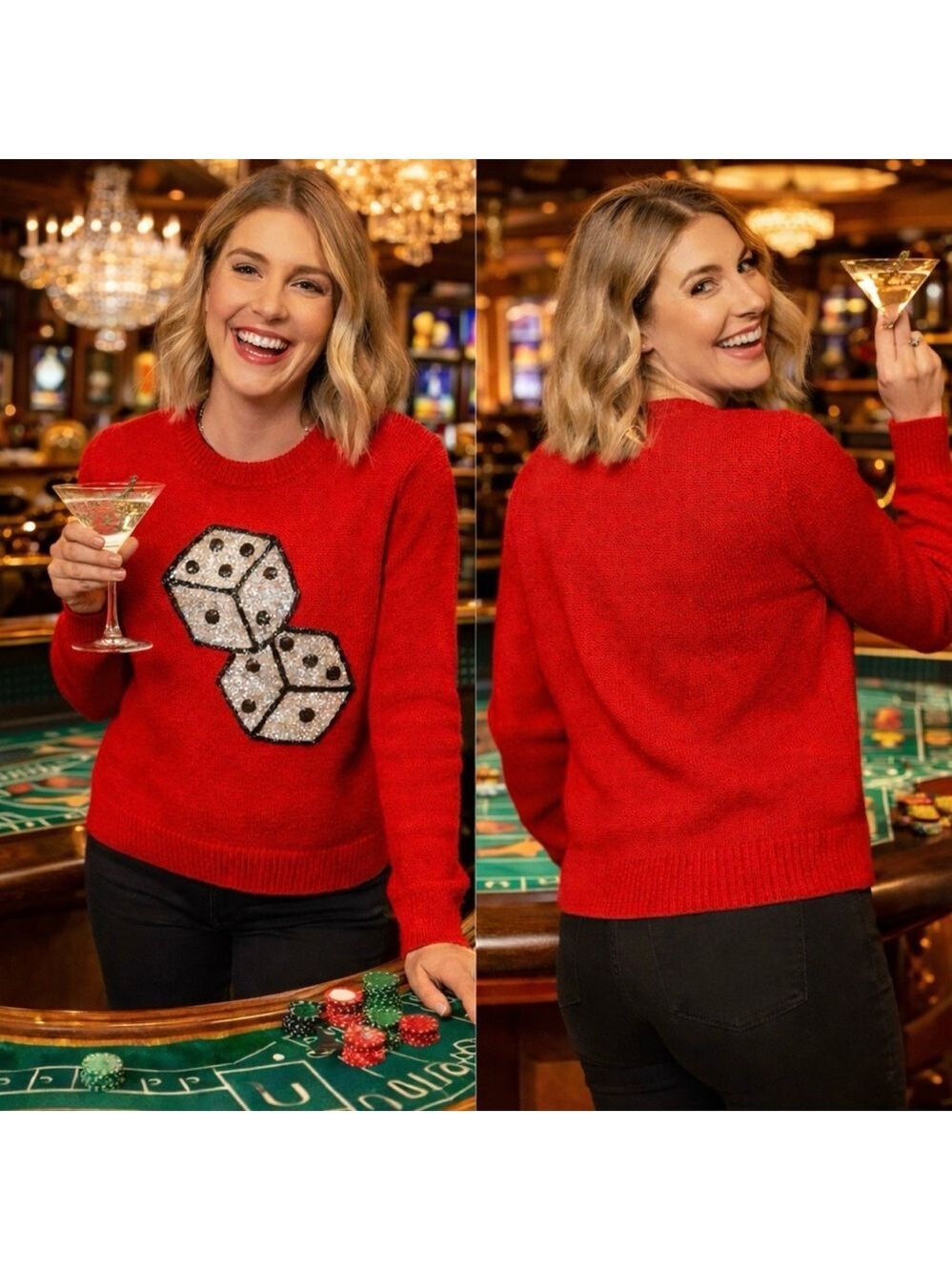 KATE SPADE NEW YORK RED SEQUIN LUCKY DICE SWEATER CASINO VEGAS GLAM LUXURY XL - Picture 2 of 9